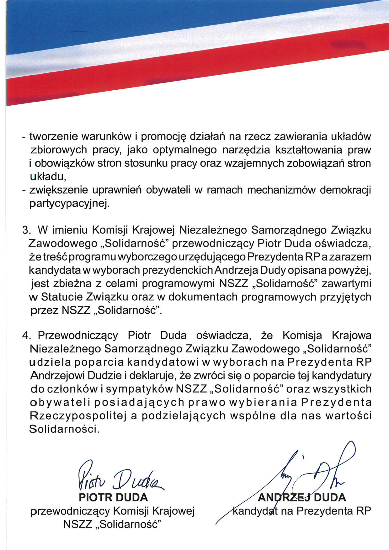 Umowa programowa Prezydenta RP z NSZZ Solidarno 3